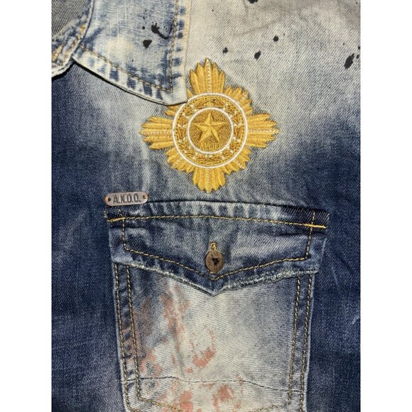 Men’s Akoo Acid Wash Denim Short Sleeve Shirt Embroidered Size L - Picture 4 of 5